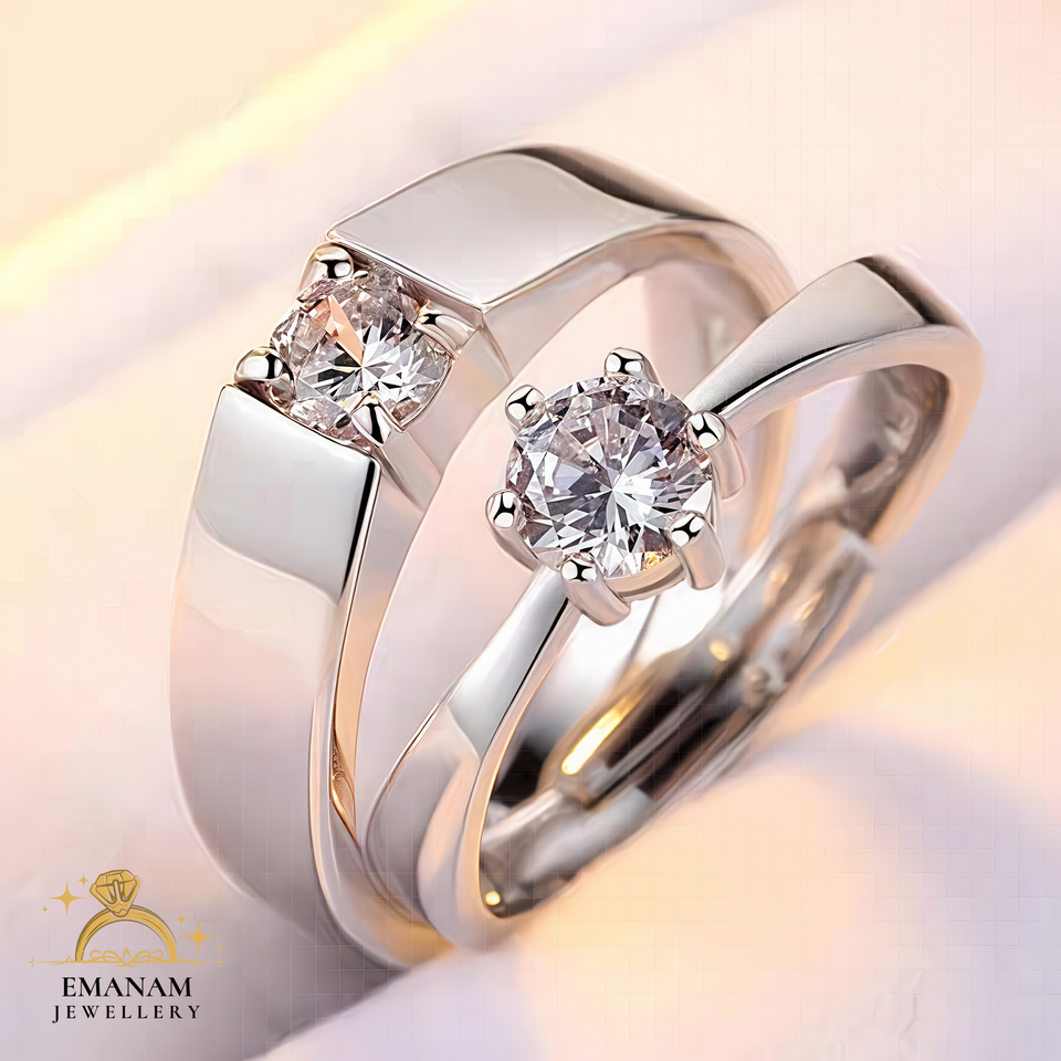 Trendy Diamond Cut Stone 925 Sterling Silver Couple Rings Adjustable