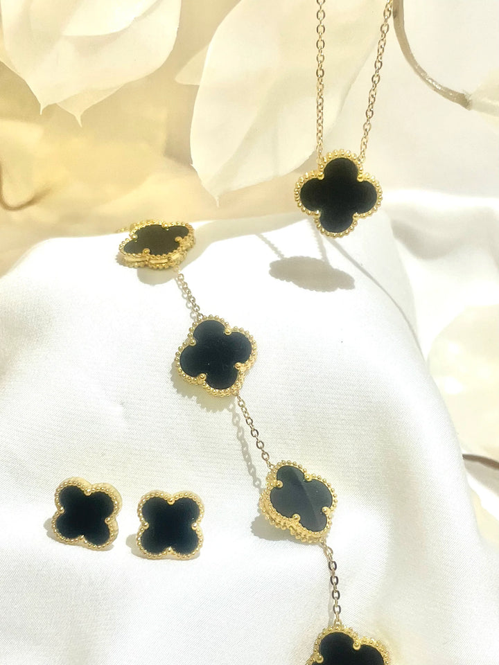 Stainless Steel Black Clover - Set of 4 Include ( Bracelet, Pendant, Adjustable Ring & Earrings )