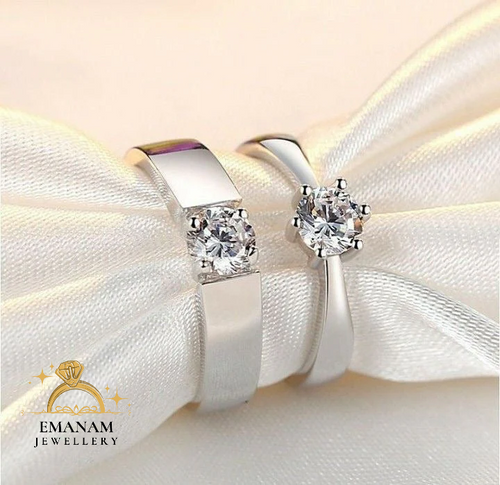 Trendy Diamond Cut Stone 925 Sterling Silver Couple Rings Adjustable