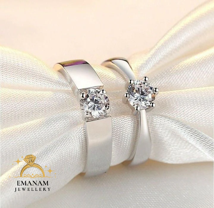 Trendy Diamond Cut Stone 925 Sterling Silver Couple Rings Adjustable
