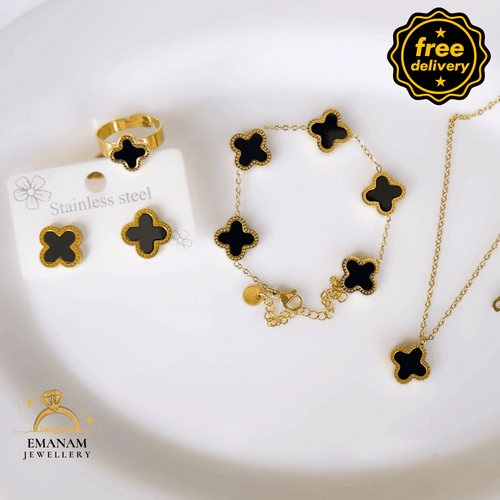Stainless Steel Black Clover - Set of 4 Include ( Bracelet, Pendant, Adjustable Ring & Earrings )