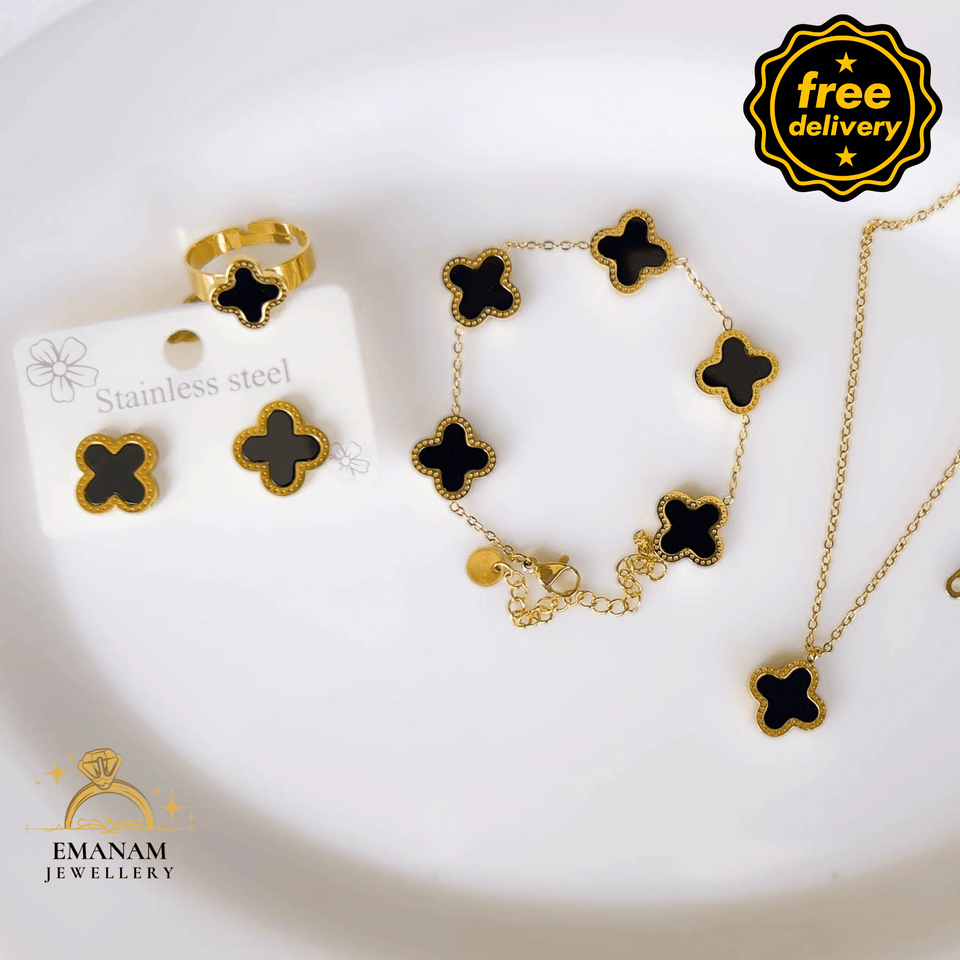 Stainless Steel Black Clover - Set of 4 Include ( Bracelet, Pendant, Adjustable Ring & Earrings )