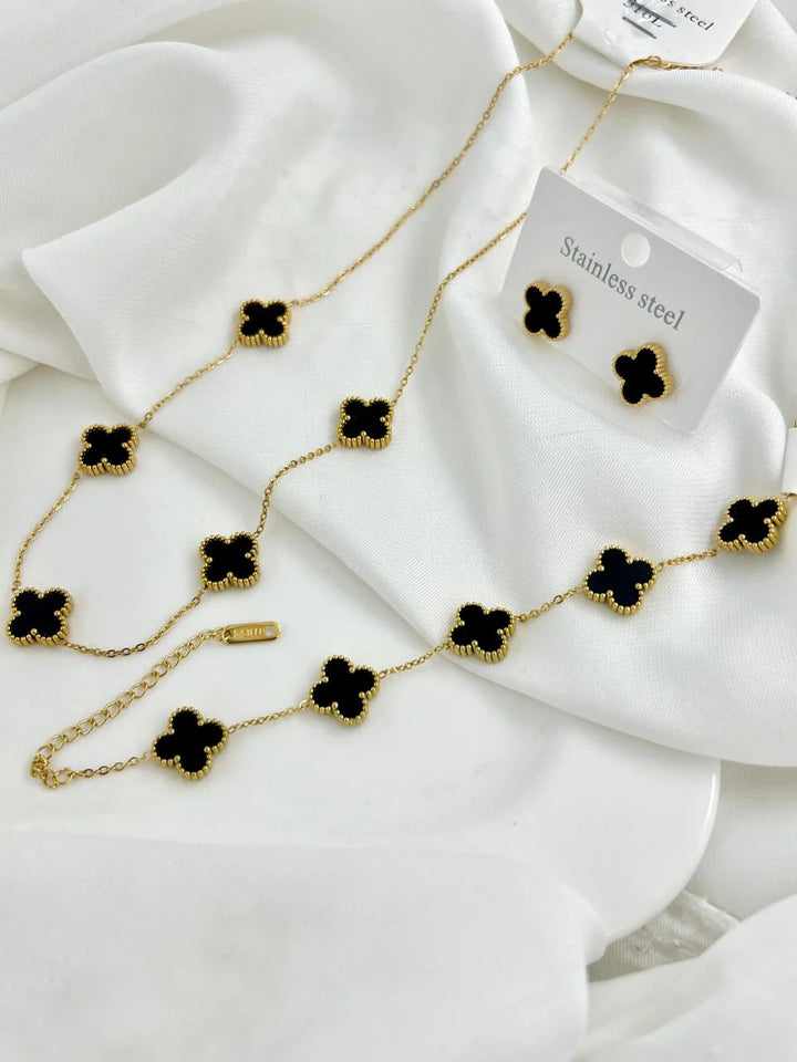Stainless Steel Black Clover - Set of 4 Include ( Bracelet, Pendant, Adjustable Ring & Earrings )