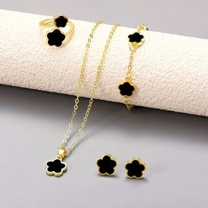 Stainless Steel Black Clover - Set of 4 Include ( Bracelet, Pendant, Adjustable Ring & Earrings )