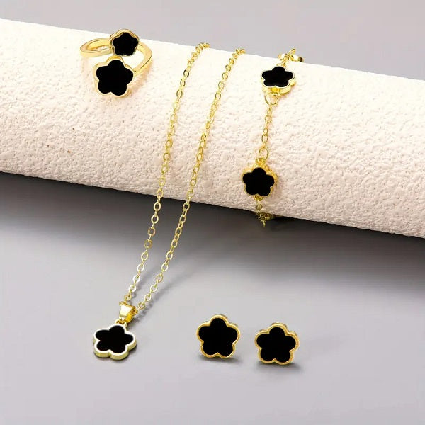Stainless Steel Black Clover - Set of 4 Include ( Bracelet, Pendant, Adjustable Ring & Earrings )